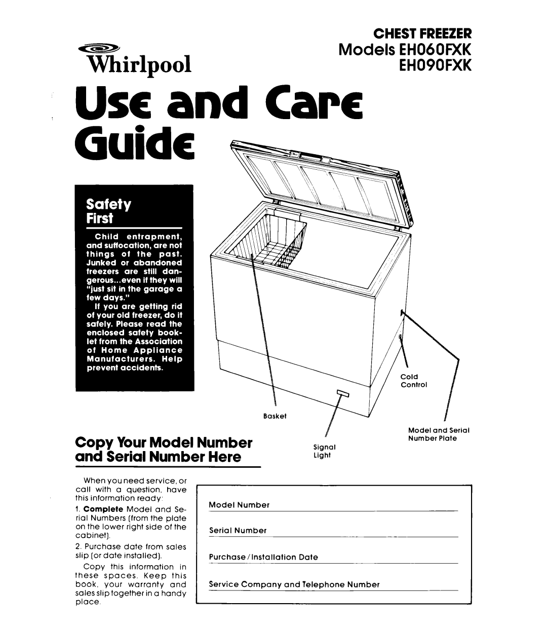 Whirlpool EH090FXK, EH060FXK warranty USCand Care Guide, Copy Your Model Number and Serial Number Here 