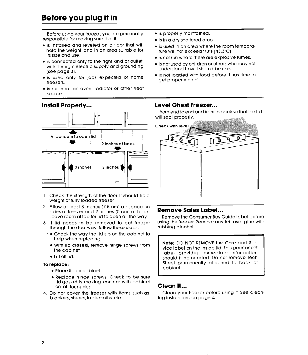 Whirlpool EH060FXK warranty Before you plug it, Install Properly ~~LJLJL, Level Chest Freezer, Remove Sales label, Clean It 