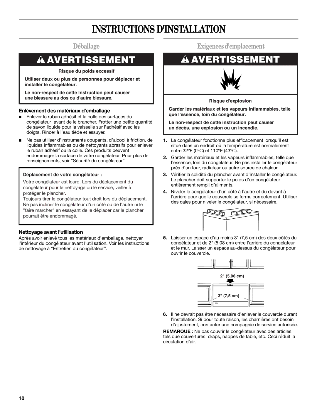 Whirlpool EH070CFXCO Instructions Dinstallation, Déballage, Exigences d’emplacement, Enlèvement des matériaux d’emballage 