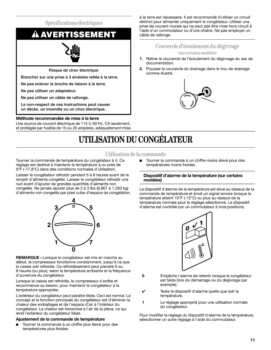 Whirlpool EH070CFXCO manual Utilisation DU Congélateur, Spécificationsélectriques, Couvercled’écoulementdu dégivrage 