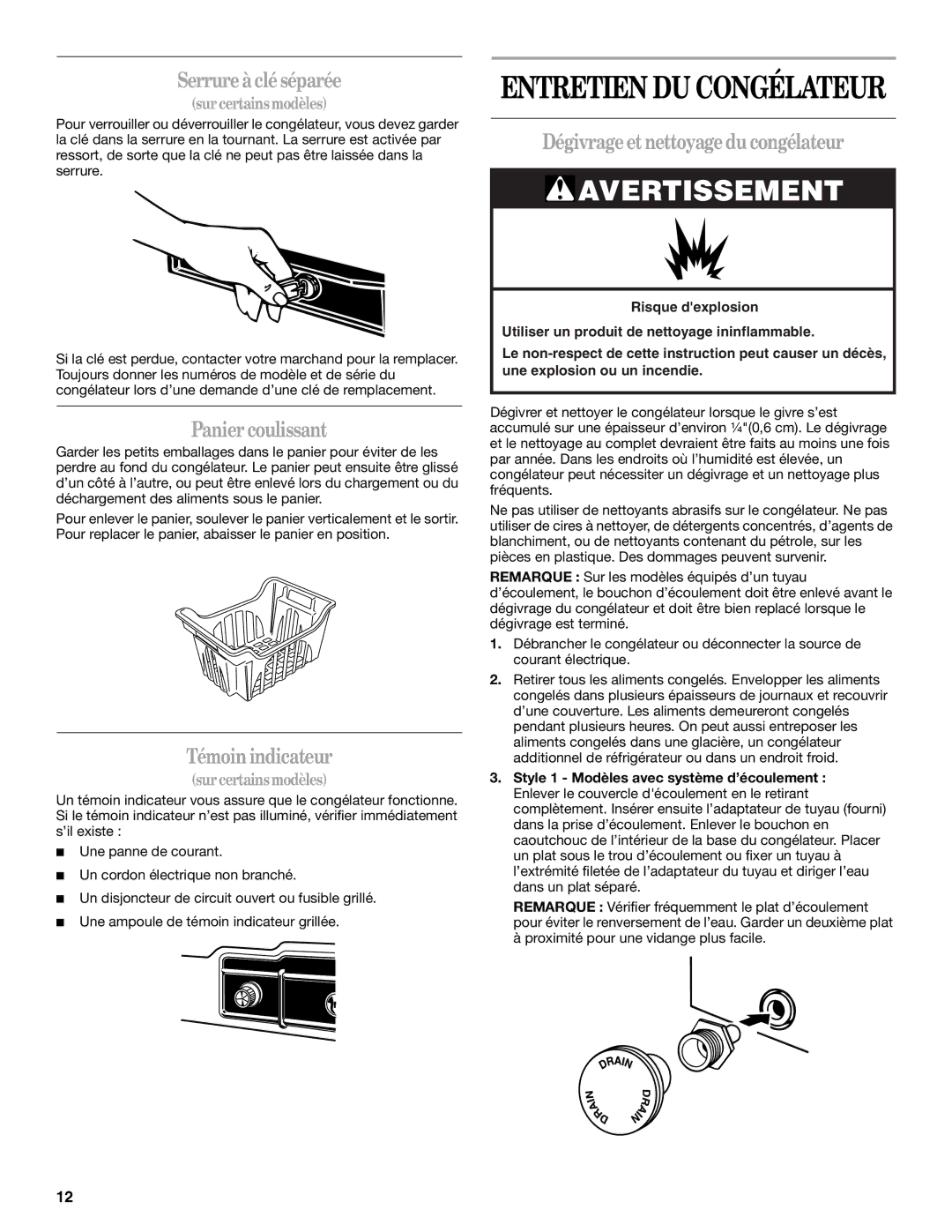 Whirlpool EH070CFXCO manual Serrureàcléséparée, Paniercoulissant, Témoin indicateur, Dégivrageetnettoyagedu congélateur 