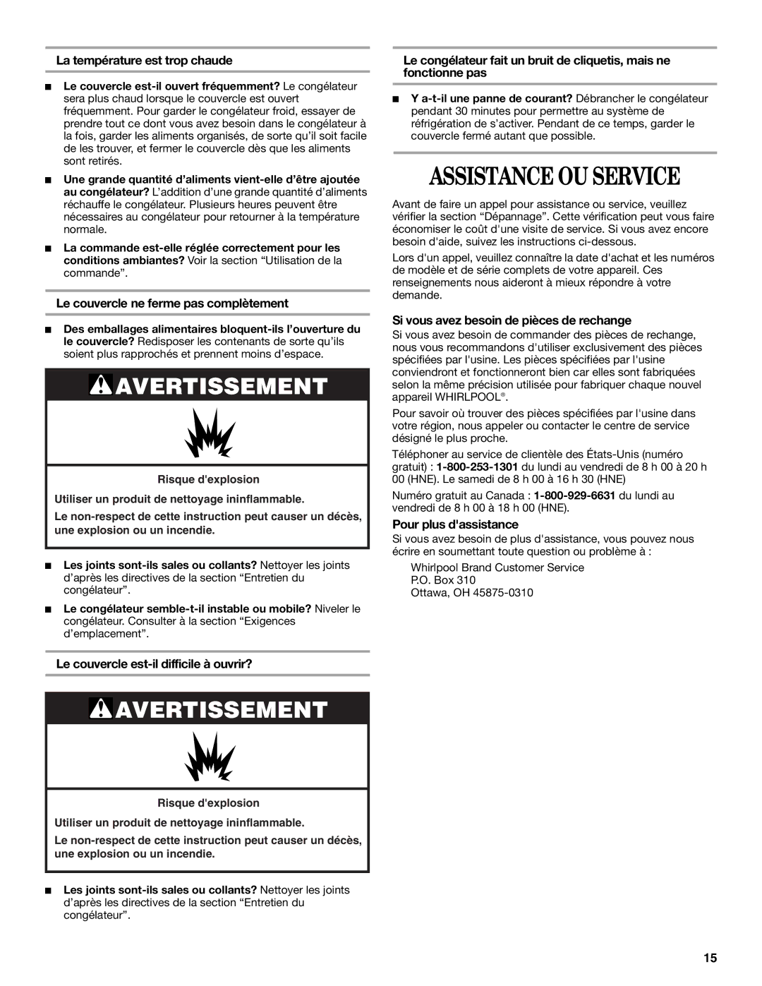 Whirlpool EH070CFXCO manual Assistance OU Service 