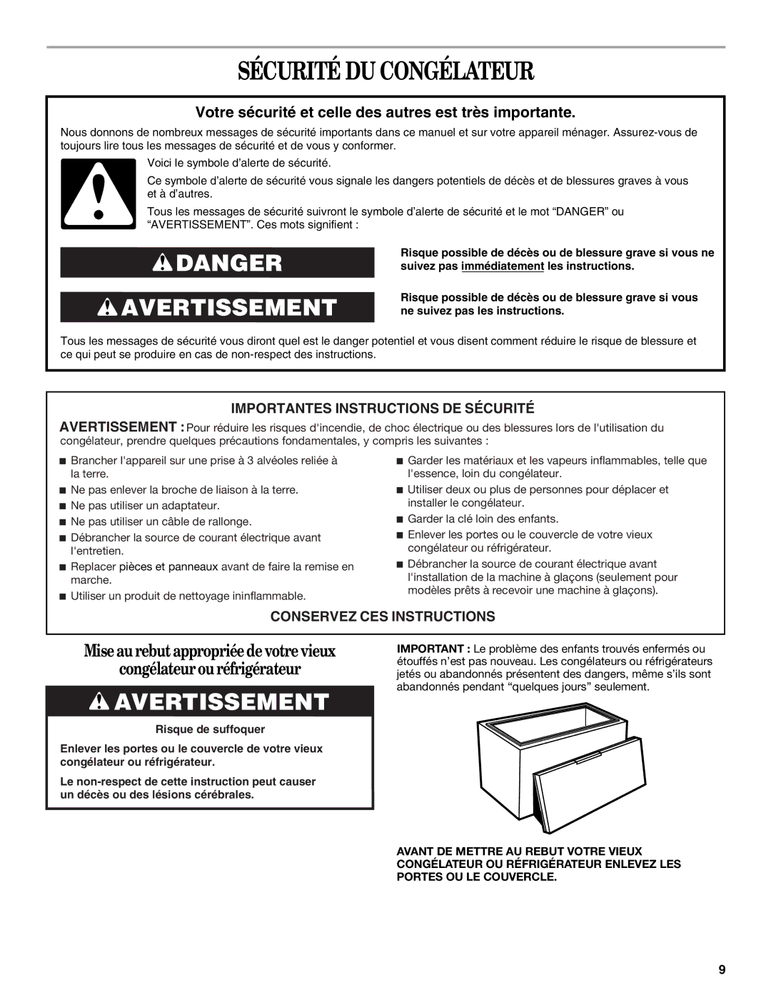 Whirlpool EH070CFXCO manual Sécurité DU Congélateur, Votre sécurité et celle des autres est très importante 