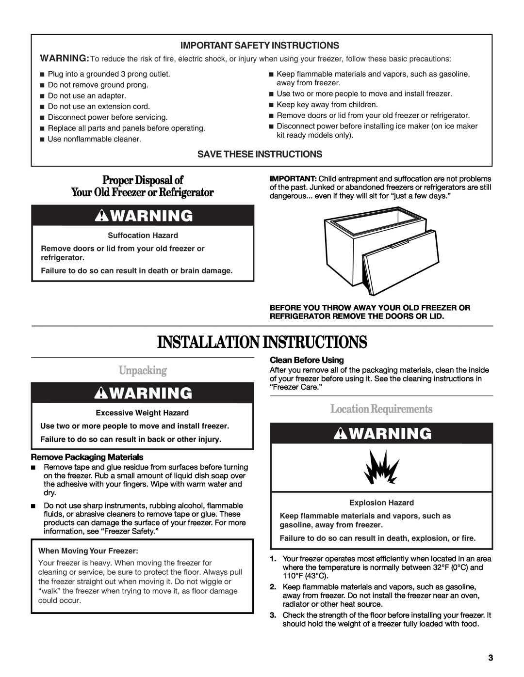 Whirlpool EH070CFXCO manual Installation Instructions, Proper Disposal of Your Old Freezer or Refrigerator, Unpacking 