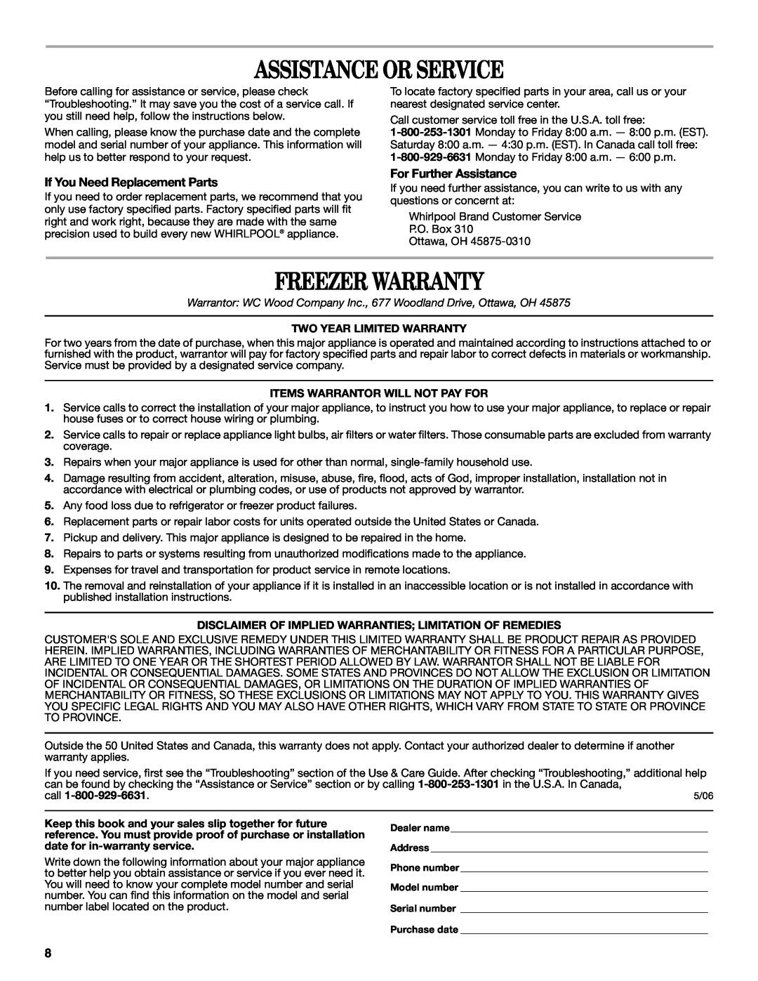 Whirlpool EH070CFXCO manual Assistance Or Service, Freezer Warranty, If You Need Replacement Parts, For Further Assistance 