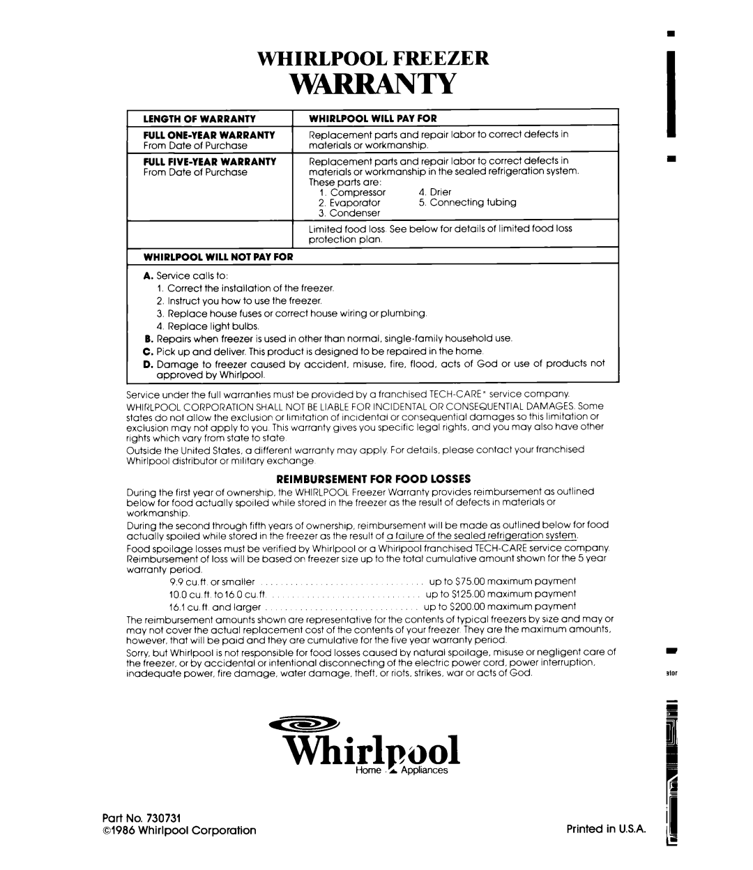 Whirlpool EH120F manual Whirlpool Freezer, Reimbursement for Food Losses 