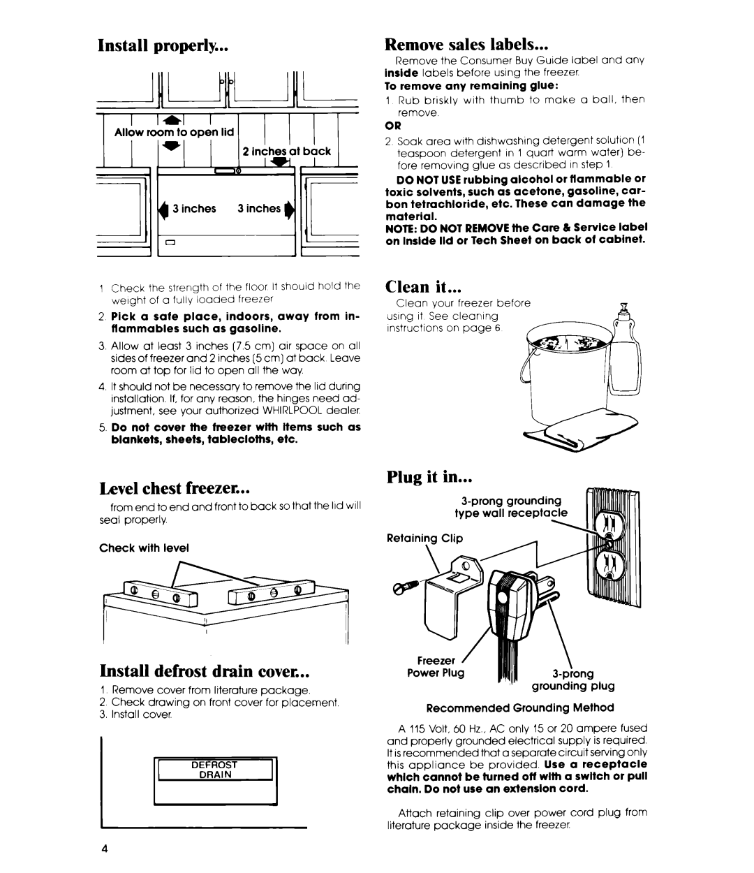 Whirlpool EH120F manual Install Properly, Clean it, Level chest freezer, Install defrost drain cover, Plug it 