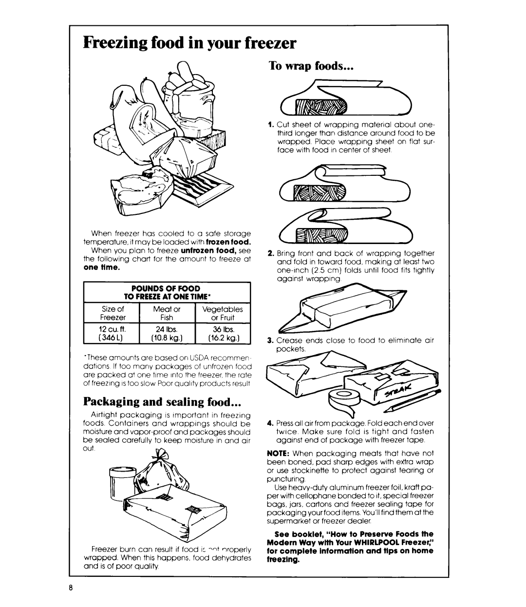 Whirlpool EH120F manual Freezing food in your freezer, To wrap foods, Packaging and sealing food 