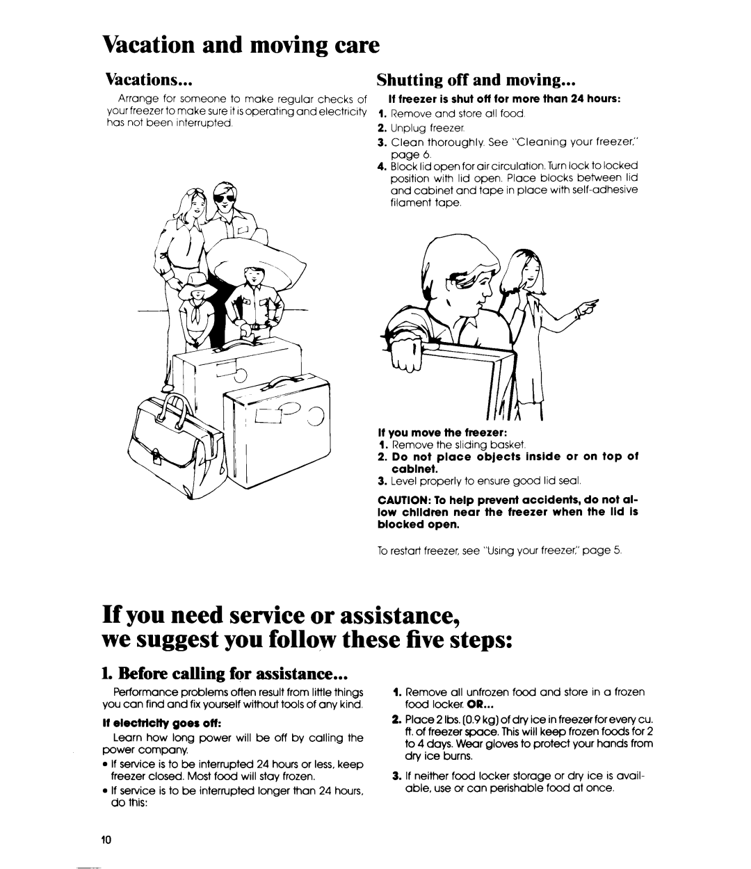 Whirlpool EH120F manual Vacation and moving care, If you need service or assistance, we suggest you follow these five steps 