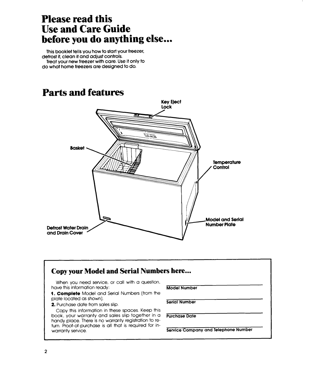 Whirlpool EH12OC EH15OC manual Before you do anything else, Copy your Model and Serial Numbers here, Basket, Key Eject lock 