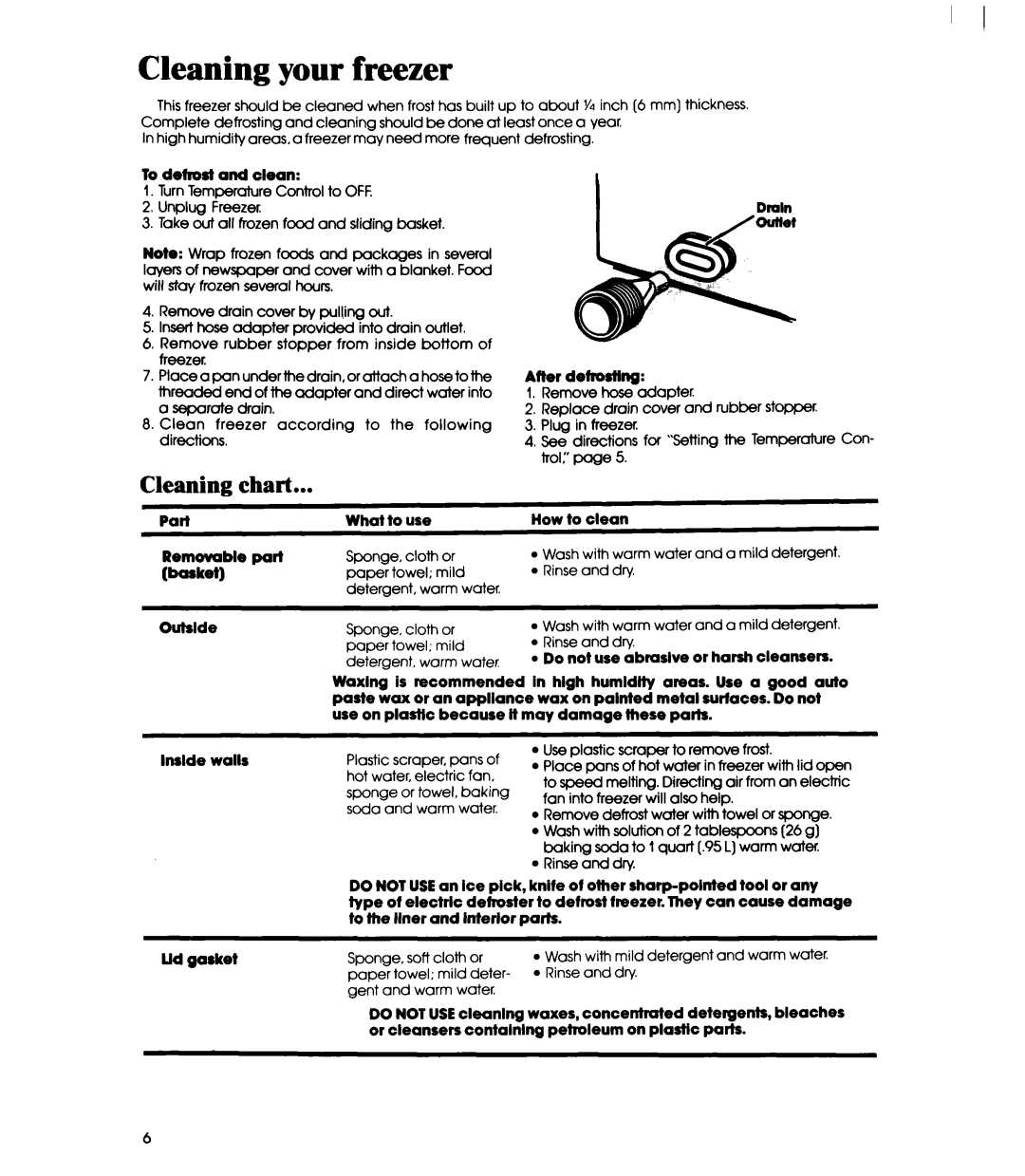 Whirlpool EH12OC EH15OC manual Cleaning your freezer, Cleaning Chart 