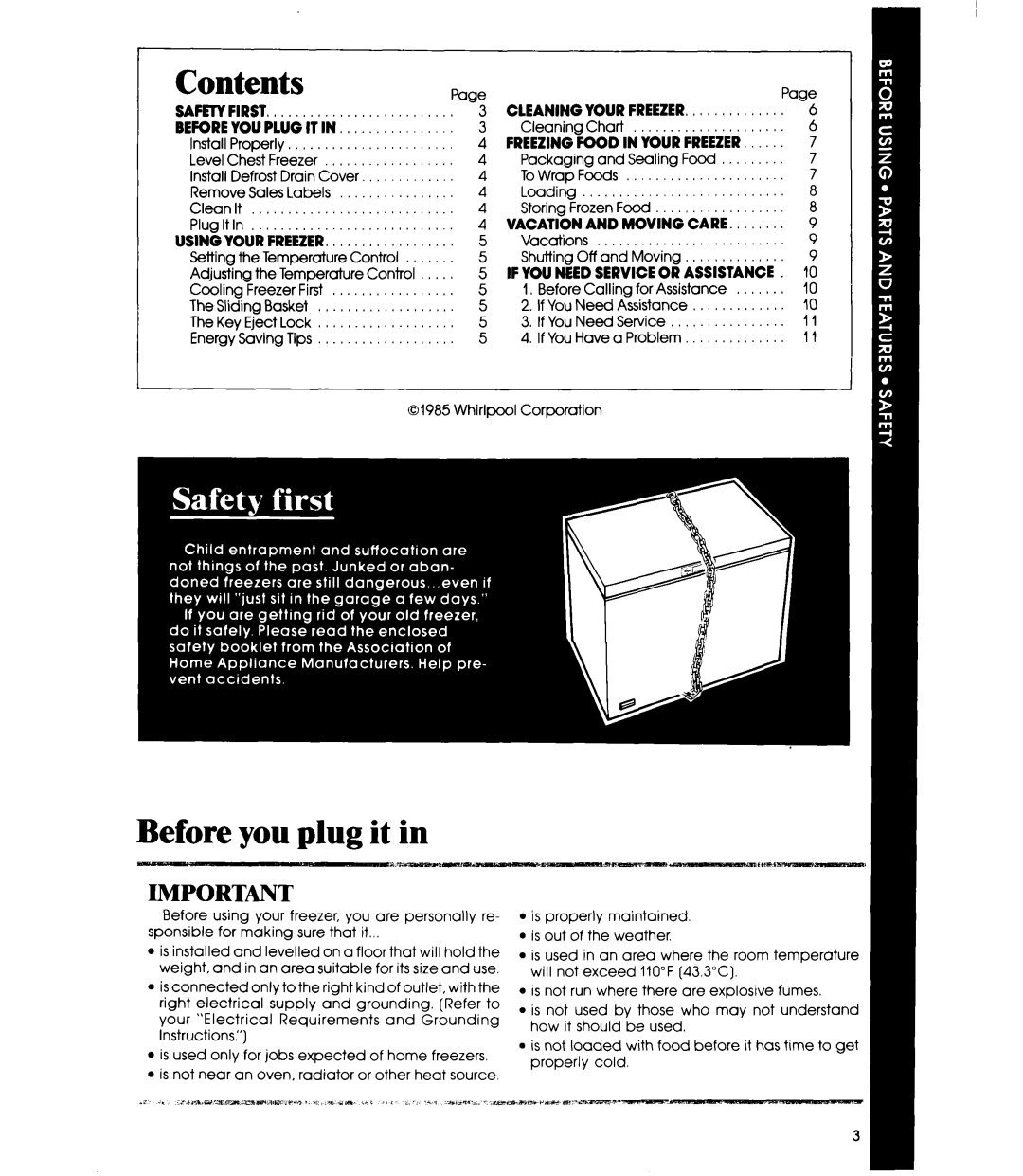 Whirlpool EH12OC EH15OC manual Contents, Before you plug it in, Safei’Yfirst, Beforeyouplugitin, Using Your Freezer 