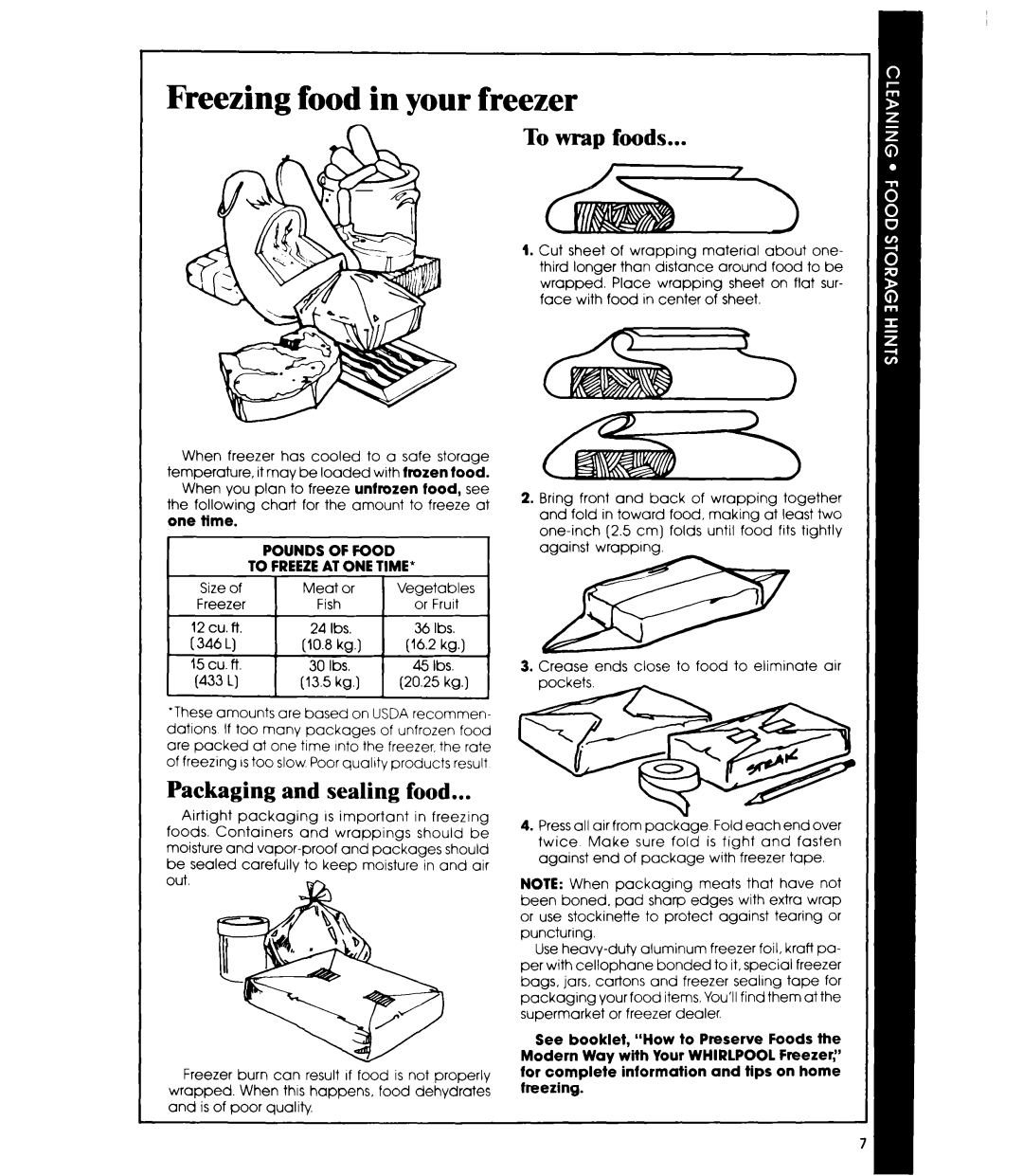 Whirlpool EH12OC EH15OC manual Freezing food in your freezer, To wrap foods, Packaging and sealing food 