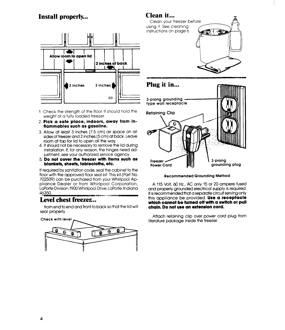 Whirlpool EH1500 manual Install properly Clean, Plug it, Level chest freezer, Allow room to open Hd Inches at back, Clip 