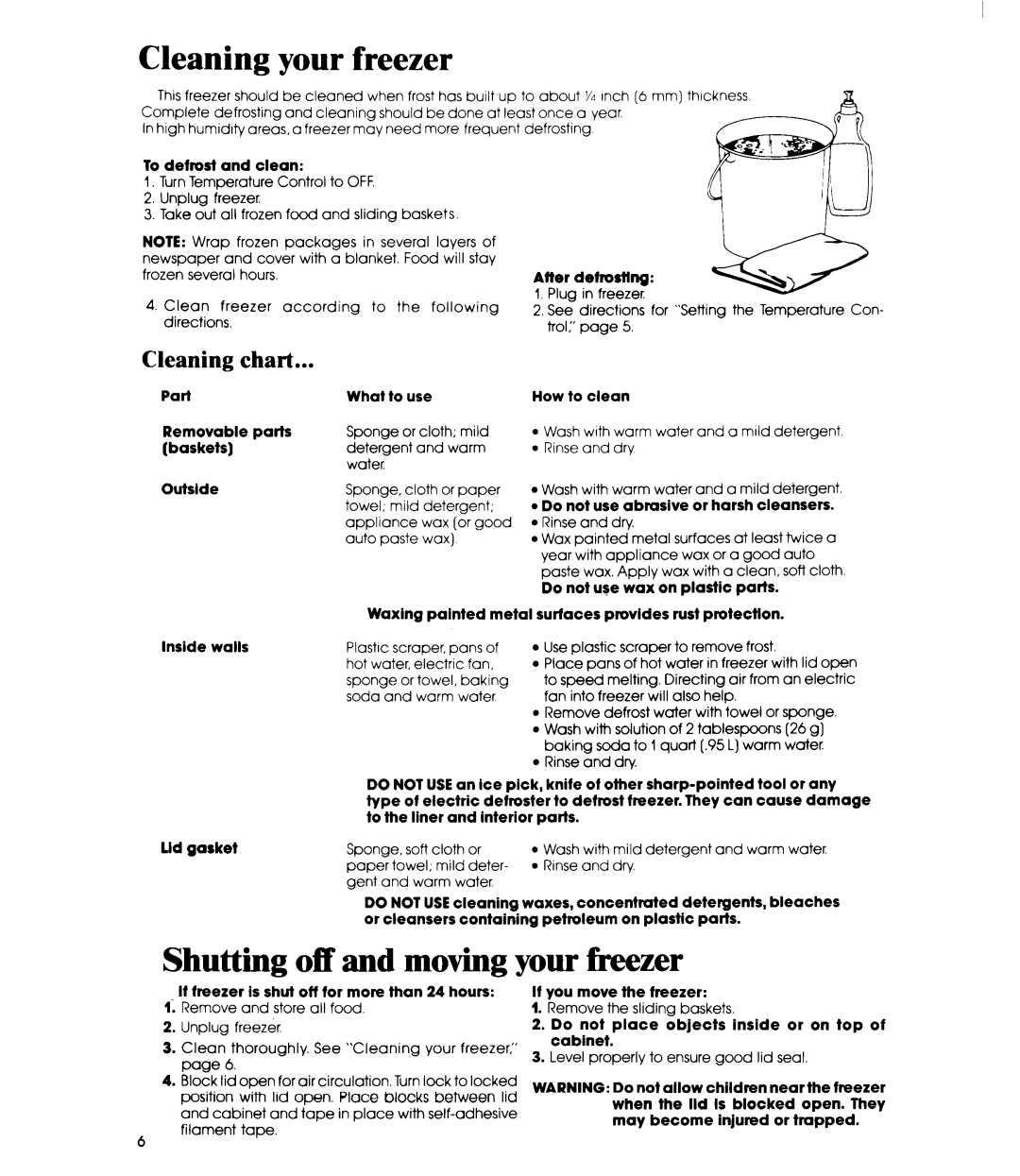 Whirlpool EH1500 manual Cleaning your freezer, Shutting off and moving your keezer, Cleaning Chart 