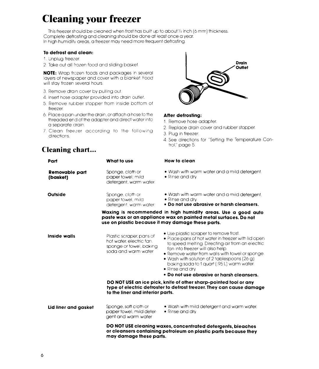 Whirlpool EH150C manual Cleaning your freezer, Cleaning chart 