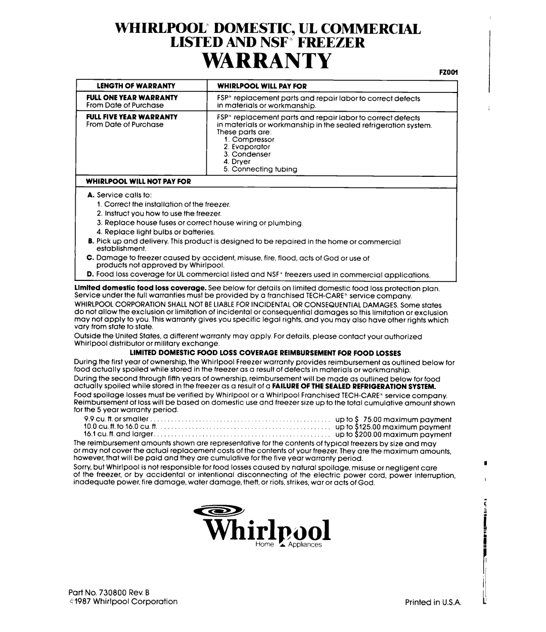 Whirlpool EH150C manual Thpuol, Warranty, Whirlpool” Domestic, Ul Commercial, Listed And Nsf”” Freezer 