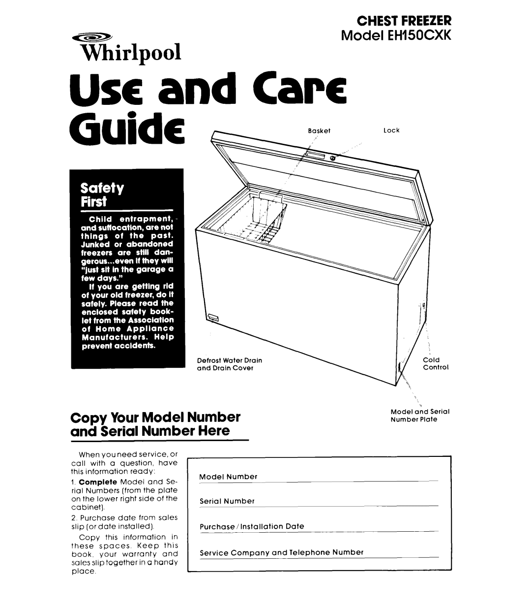 Whirlpool warranty Model EH15OCXK, Copy Your Model Number and Serial Number Here 