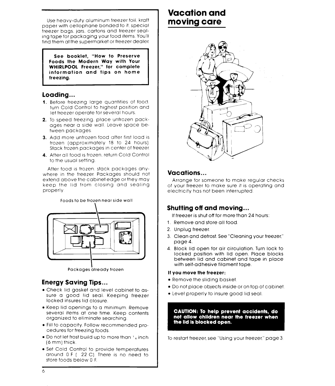 Whirlpool EH15OCXK warranty Loading, Energy Saving Tips, Vacations, Shutting off and moving 