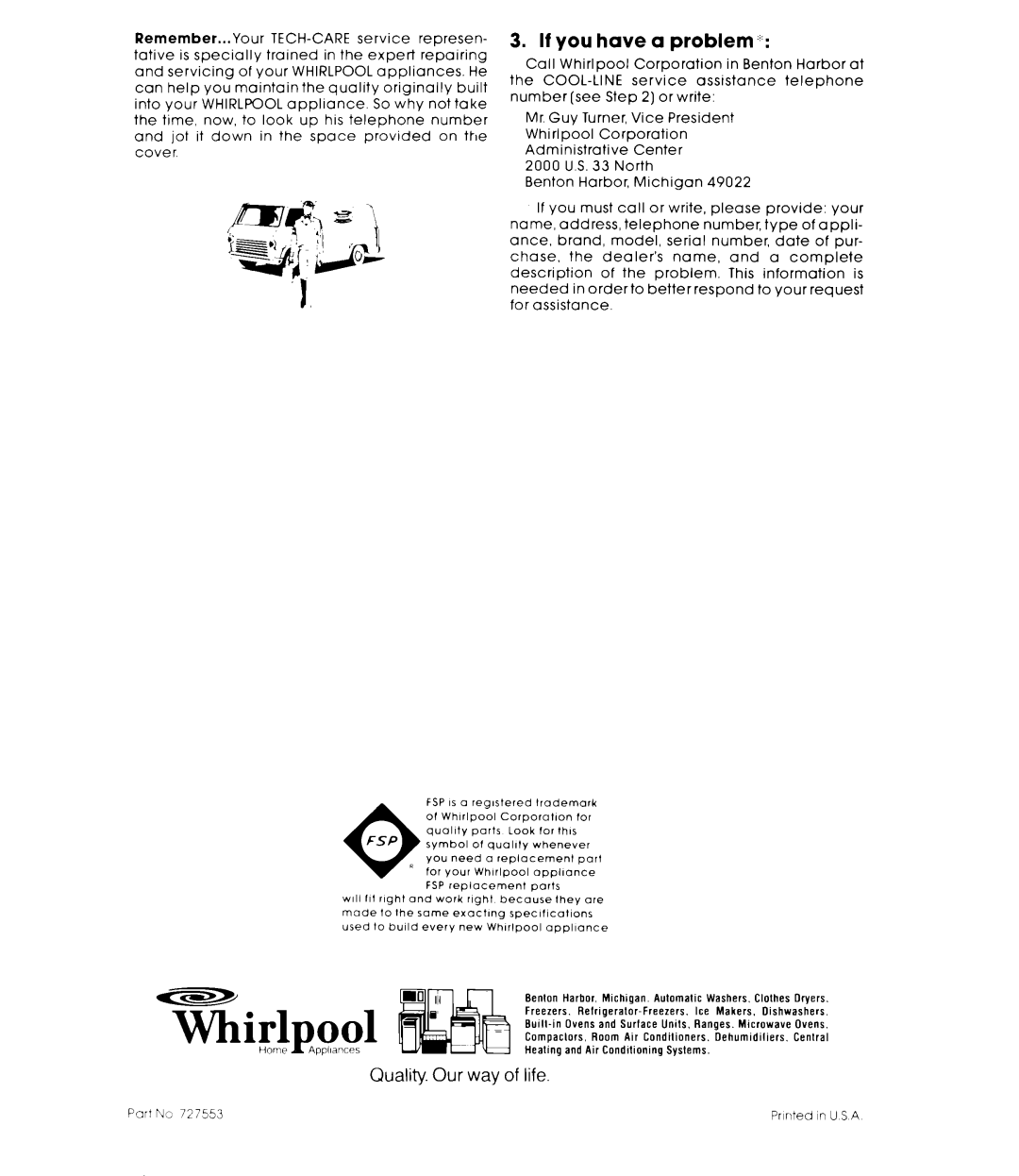 Whirlpool EH15OCXK warranty If you have a problemi, Fsp 