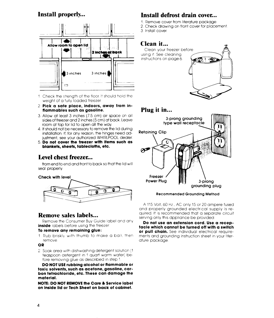 Whirlpool EH23EFX, EH18EFX, EHISEFX Install properly, Install defrost drain cover, Clean it, Plug it, Level chest freezer 