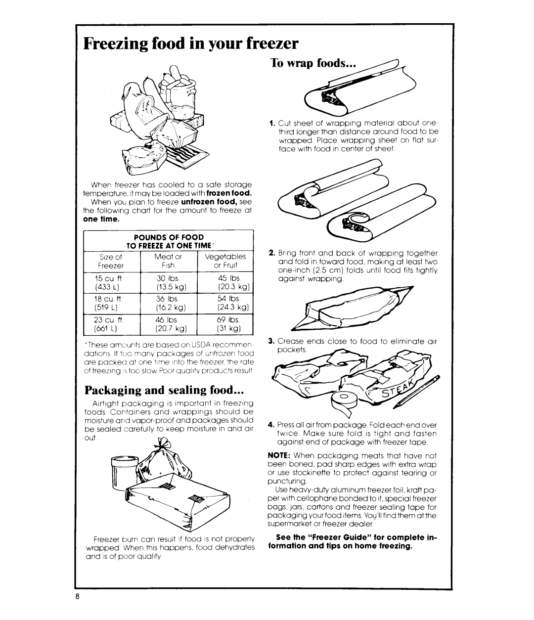 Whirlpool EHISEFX, EH18EFX, EH23EFX manual Freezing food in your freezer, Packaging and sealing food 