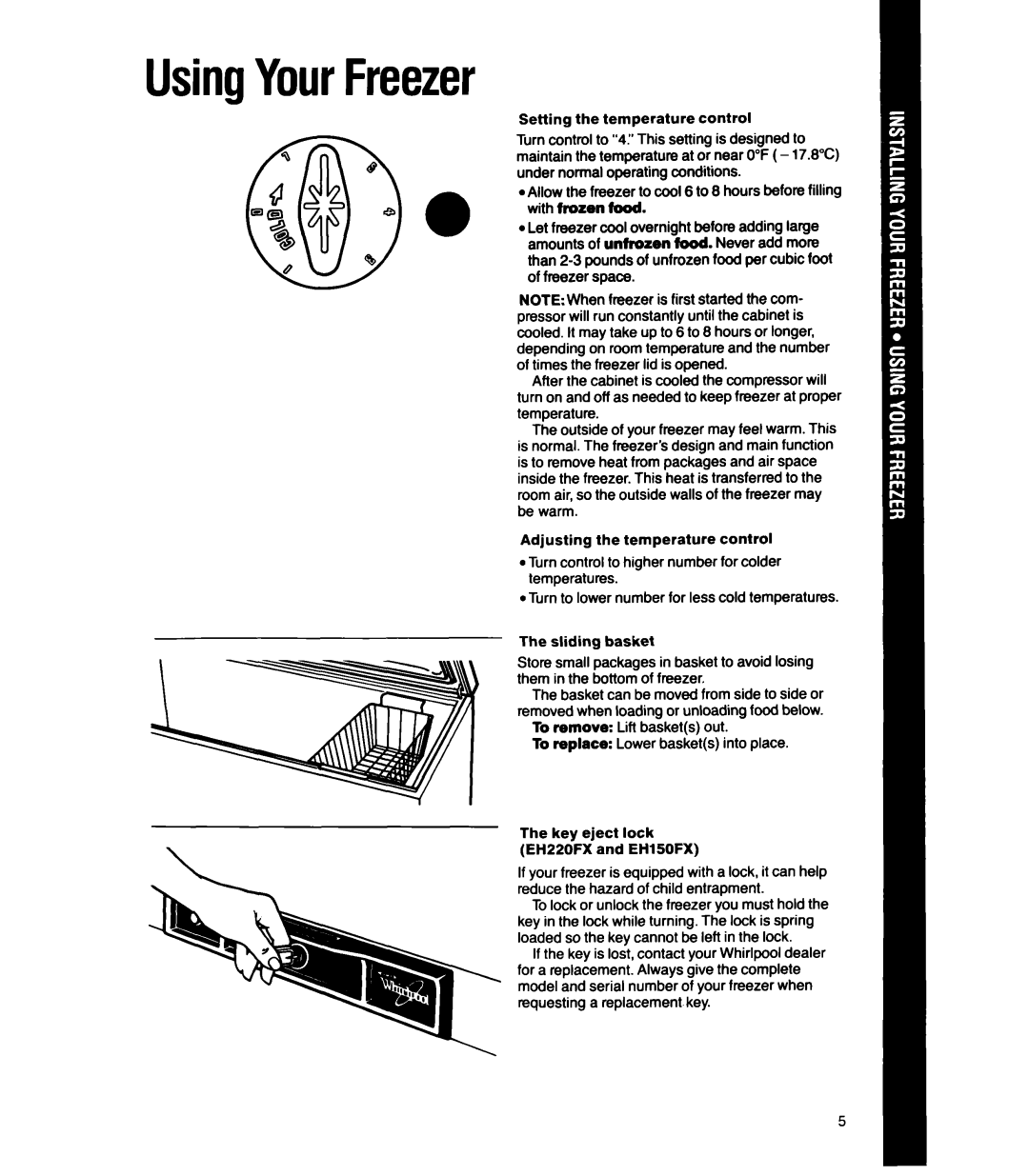 Whirlpool EH220FX, EHl50FX, EHI00FX, EH070FX, EH050FX manual UsingYourFreezer 