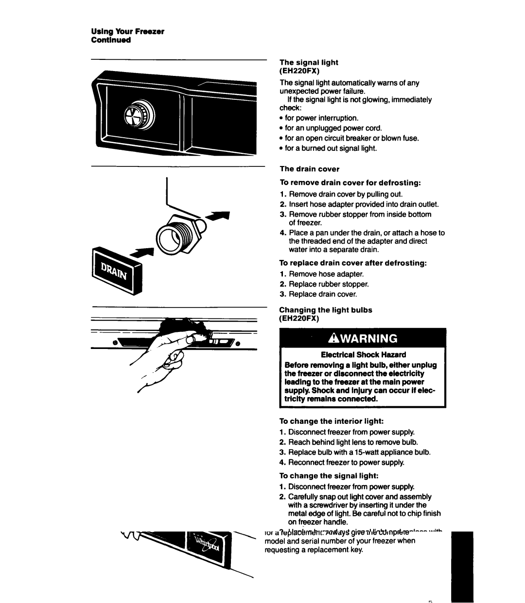 Whirlpool EHl50FX, EHI00FX, EH070FX, EH050FX manual Using Your Freezer Contlnued Signal light EH220FX 