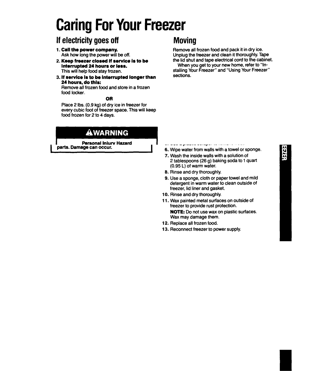 Whirlpool EH070FX, EH220FX, EHl50FX, EHI00FX, EH050FX manual CaringForYourFreezer, If electricitygoesoff 