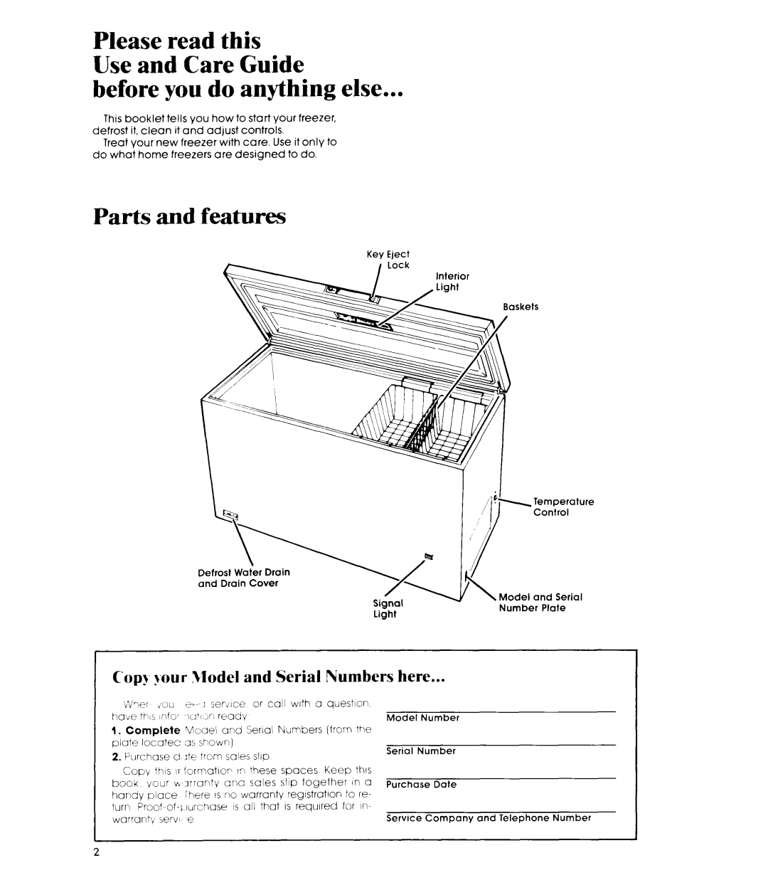 Whirlpool EH180F manual Before you do anything else, Parts and features, Cop,, your 3lodel and Serial Numbers here, Spaces 