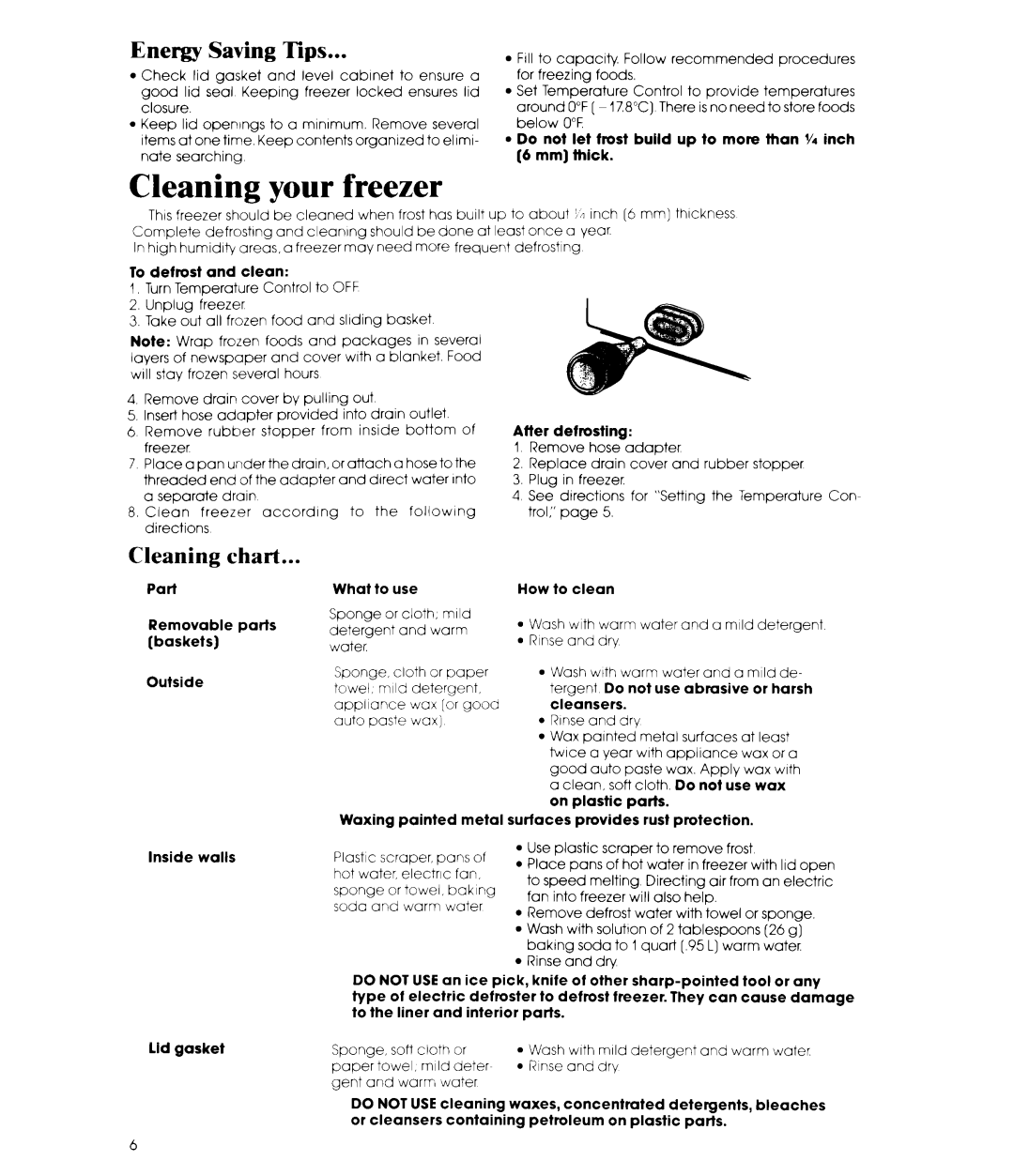 Whirlpool EH180F, EH230F, EH270F, EH150F manual Cleaning your freezer, Energy Saving Tips, Cleaning chart 