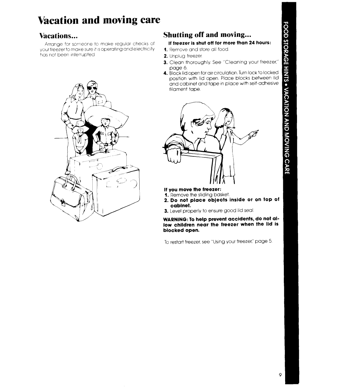 Whirlpool EH270F, EH230F, EH180F, EH150F manual Vacation and moving care, Vacations, Shutting off and moving 