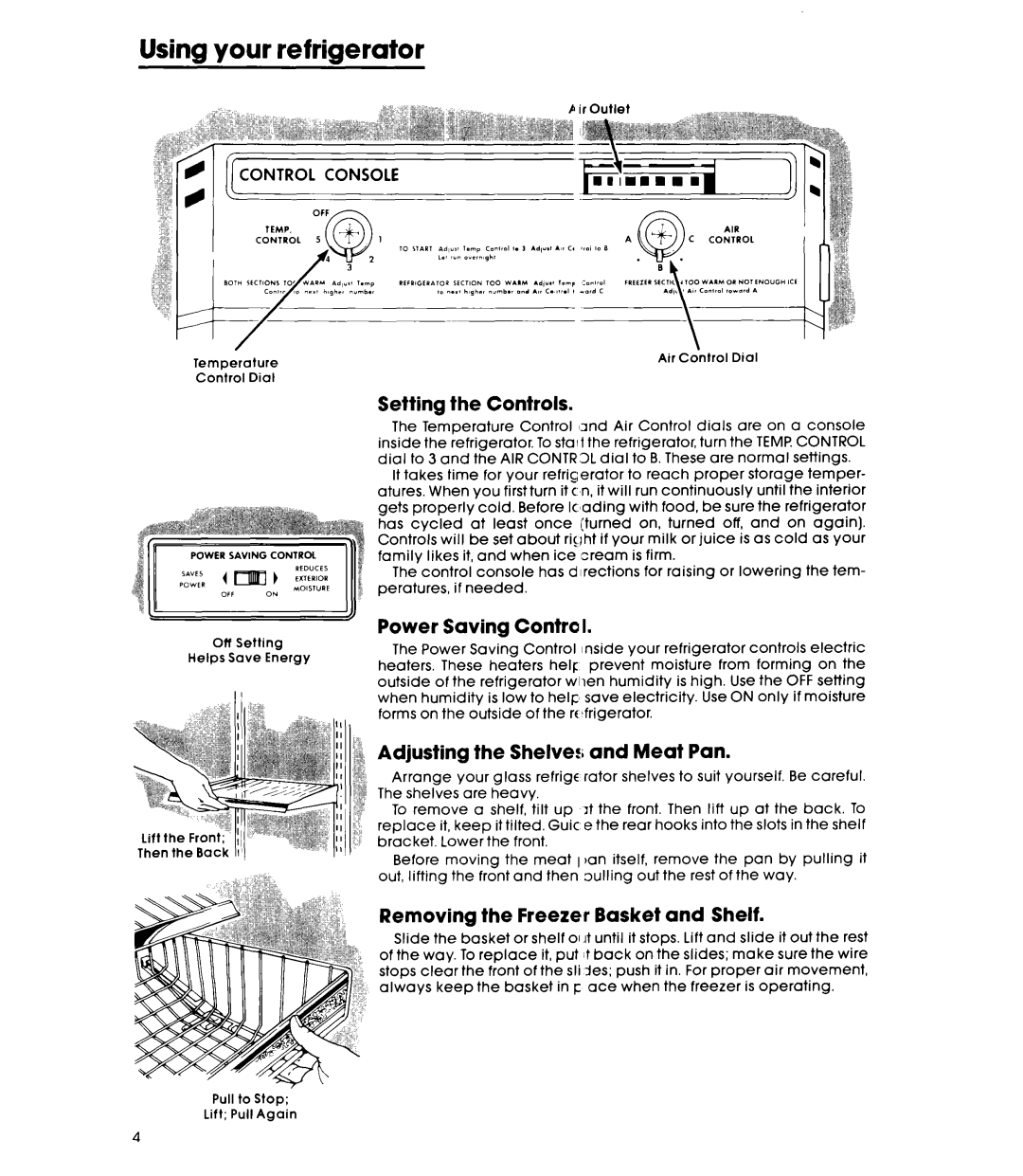 Whirlpool EHB191MKWR0 warranty Using your refrigerator, Setting, Power Saving Contra, Adjusting Shelve and Meat Pan 