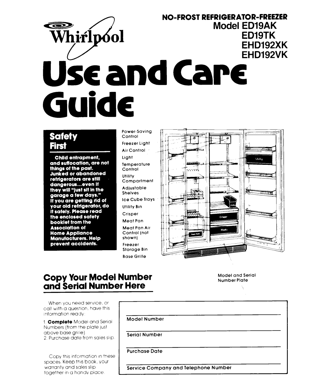 Whirlpool EHD192VK, EHD192XK, ED19TK, ED19AK warranty Copy Your Model Number and Serial Number Here 