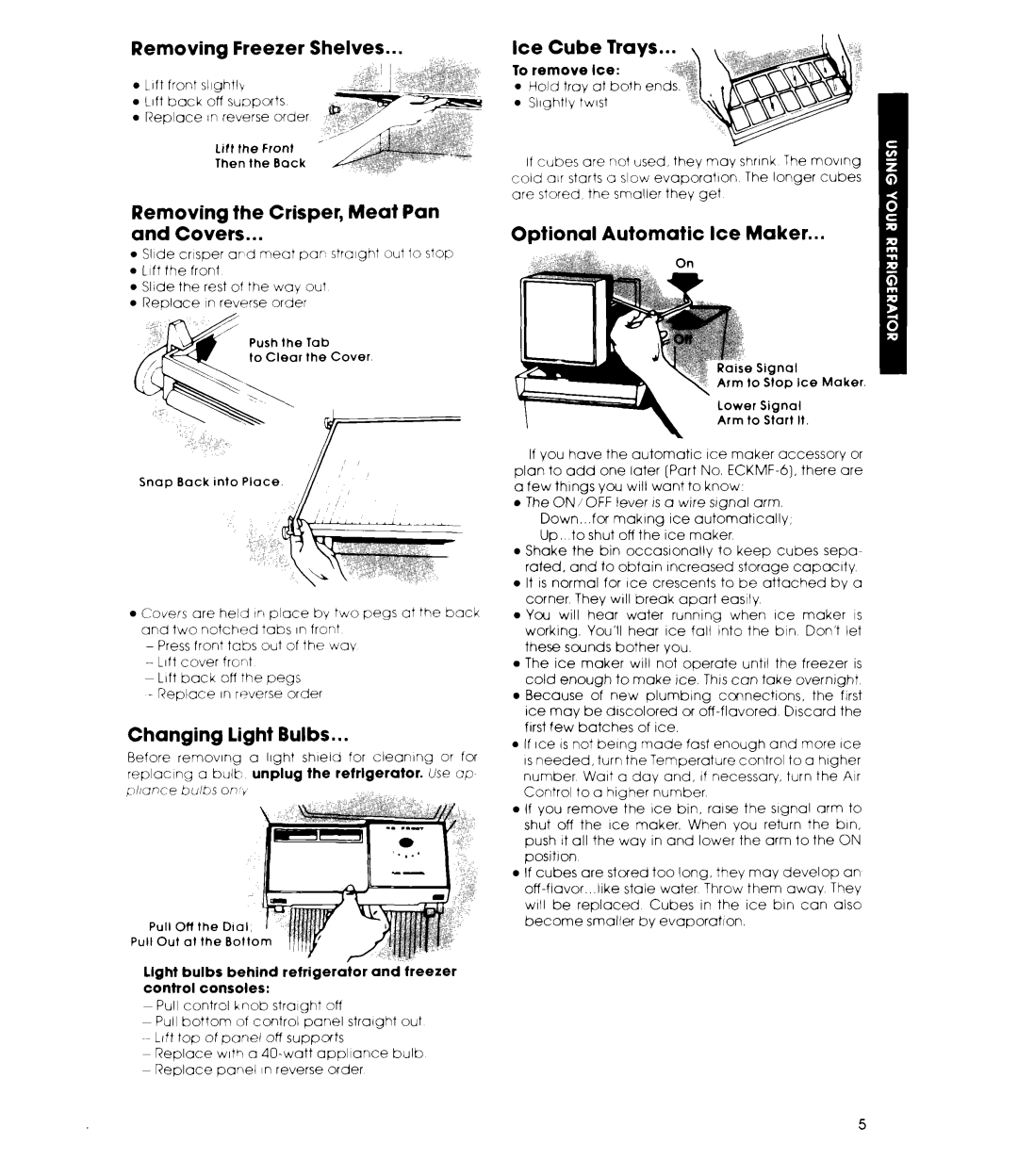 Whirlpool EHD192VK Removing Freezer Shelves, Removing the Crisper, Meat Pan Covers, Changing light Bulbs, Ice Cube Trays 