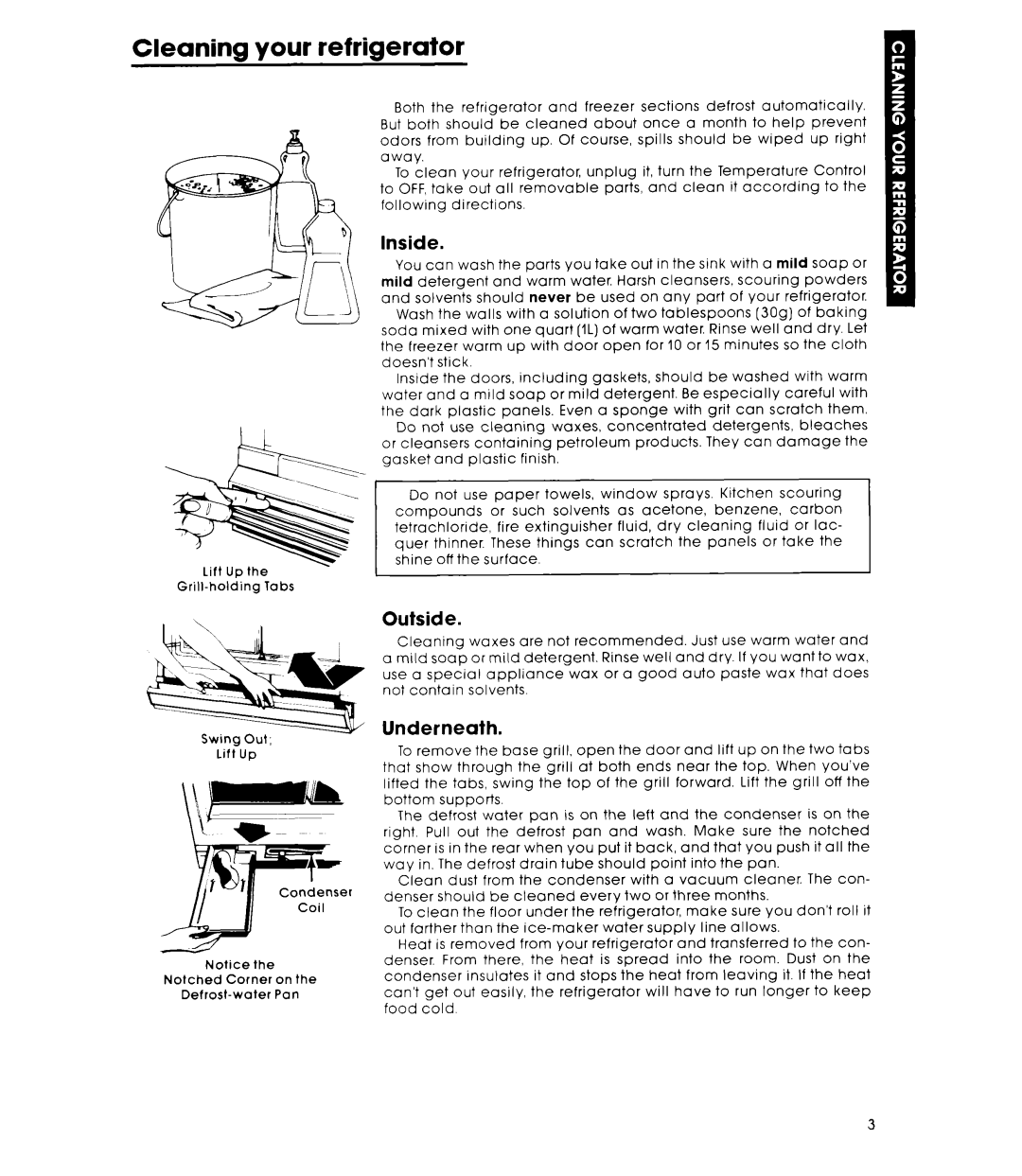 Whirlpool EHD251CMWR0 warranty Cleaning your refrigerator, Inside, Outside, Underneath 