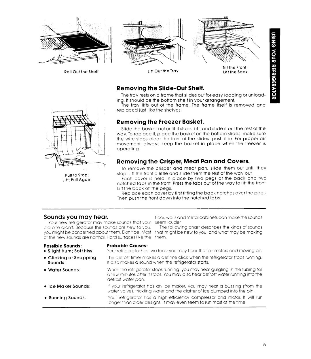 Whirlpool EHD251CMWR0 Removing the Slide-Out Shelf, Removing the Freezer Basket, Removing the Crisper, Meat Pan and Covers 