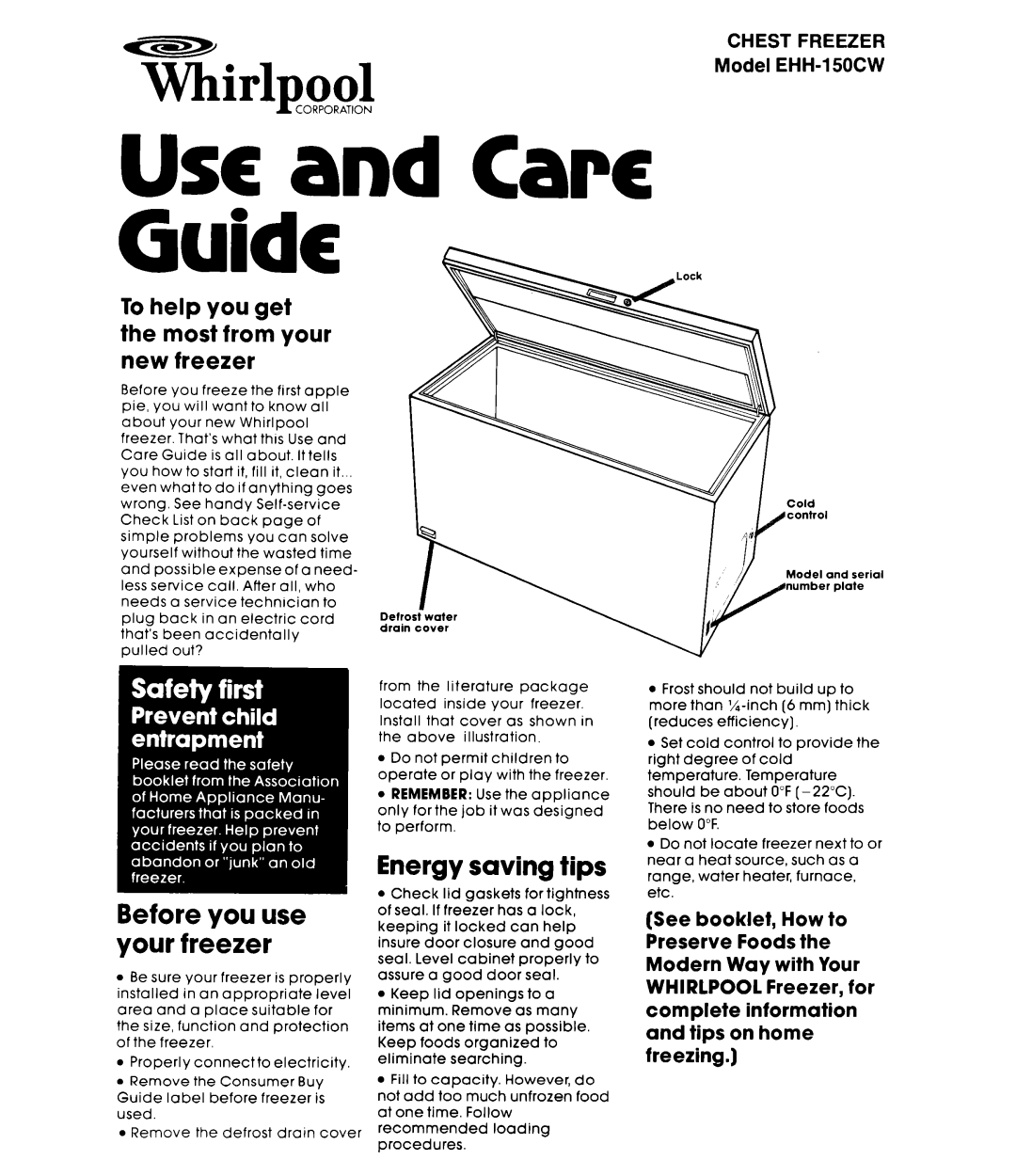 Whirlpool manual Before you use your freezer, Energy saving tips, CHEST FREEZER Model EHH-150CW, USC and Care Guide 