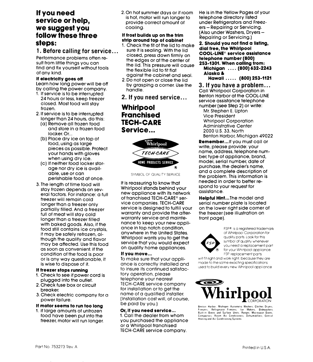 Whirlpool EHH-150CW manual Before calling for service, If you need service, If you have a problem, Whirlpool 