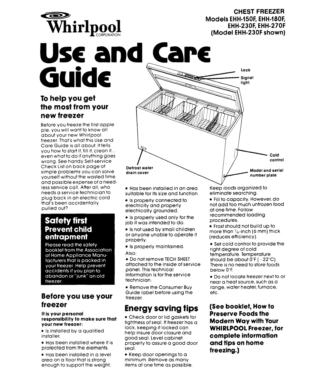 Whirlpool manual Energy saving tips, Chest Freezer, Models, EHH-230Fshown, USCand -Care Guide, EHH-150F, EHH-1806 