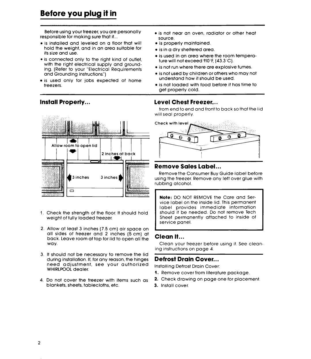 Whirlpool EHISOCXL, EH120CXL warranty Before you plug if, Install Properly Level Chest Freezer, Remove Sales label, Clean It 