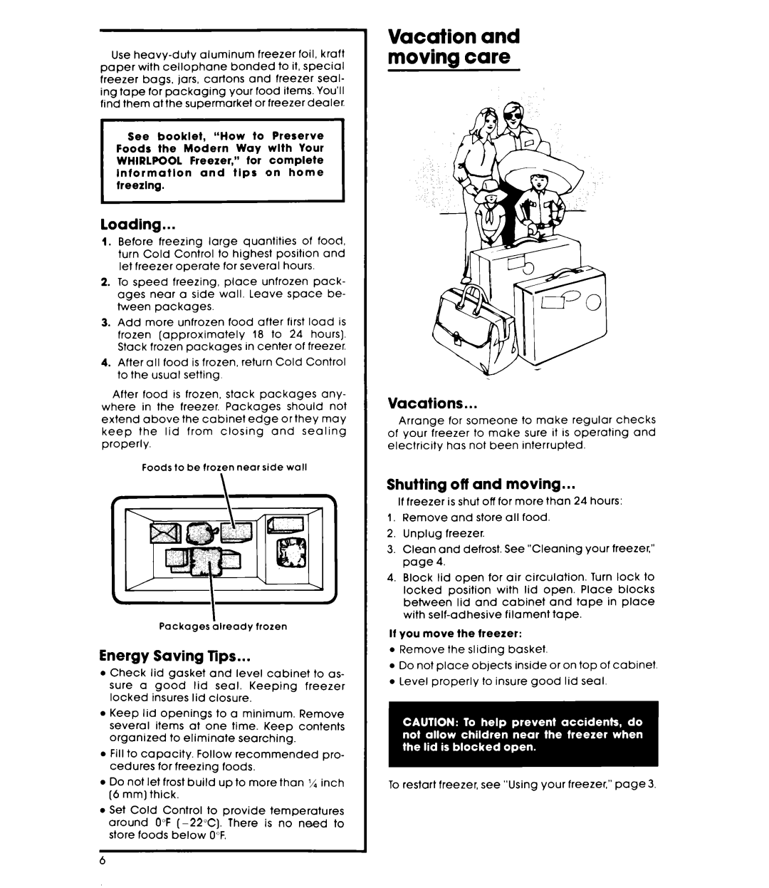 Whirlpool EHISOCXL, EH120CXL warranty Moving care, Loading, Energy Saving Tips, Vacations, Shutting off and moving 