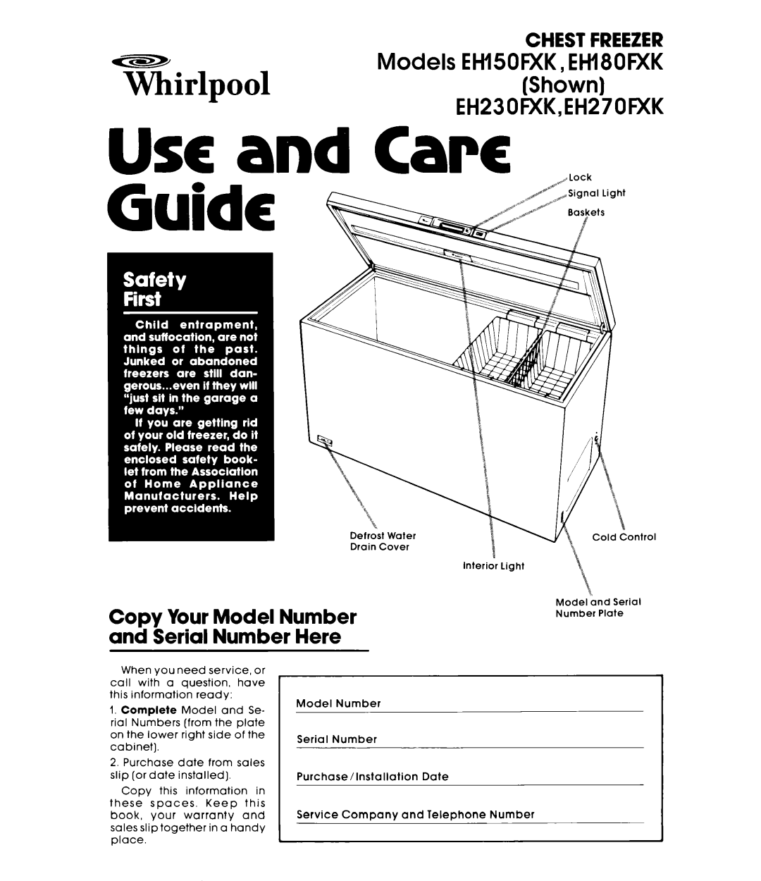 Whirlpool EHL80FXK, EH230FXK warranty Copy Your Model Number and Serial Number Here, Models EHISOFXK, EHl80FXK Shown 