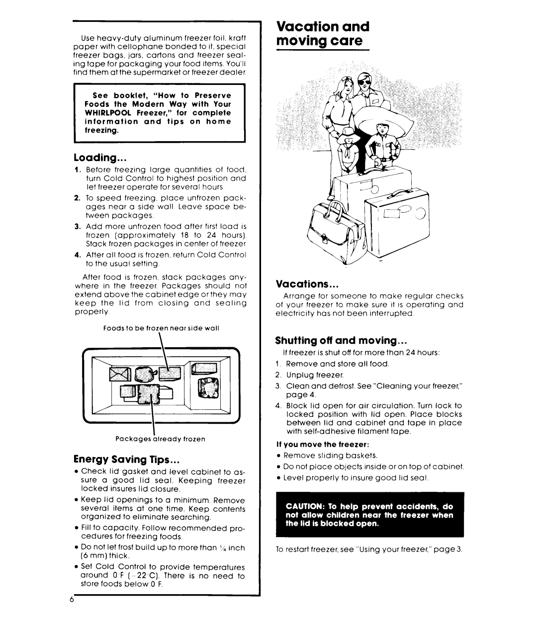 Whirlpool EH230FXK, EHISOFXK Vacation and mdving care, Loading, Energy Saving Tips, Vacations, Shutting off and moving 