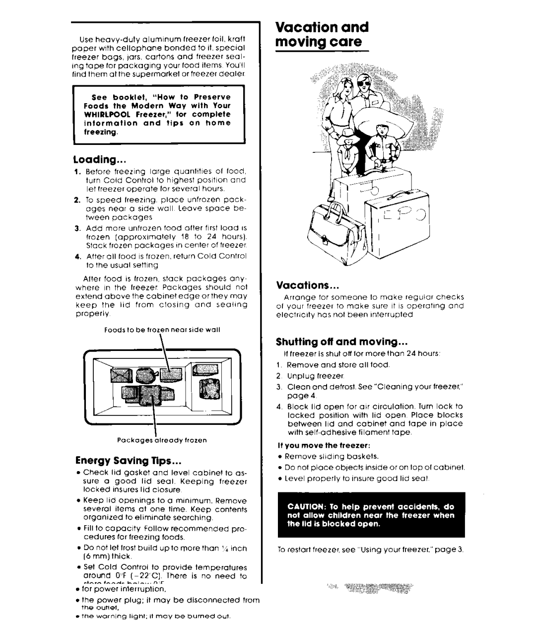 Whirlpool EHi270FXL, EHISOFXL Vacation and moving care, Loading, Energy Saving mps, Vacations, Shutting off and moving 