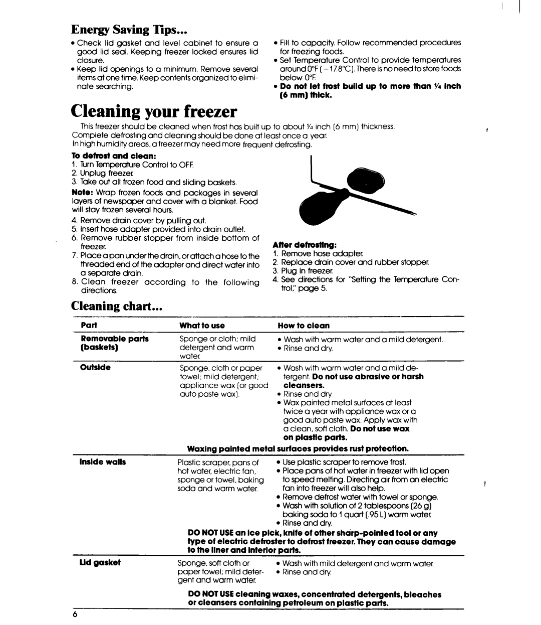 Whirlpool EHl5EF, EH23EF, EH18EF manual Cleaning your freezer, Energy Saving Tips, Cleaning Chart 