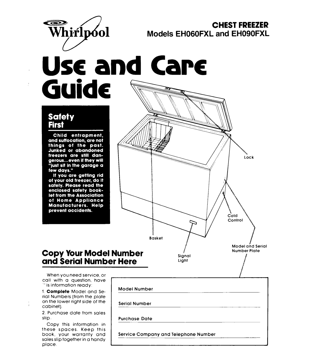 Whirlpool EHO90FXL, EHO60FXL warranty USCand Care, Copy Your Model Number and Serial Number Here 