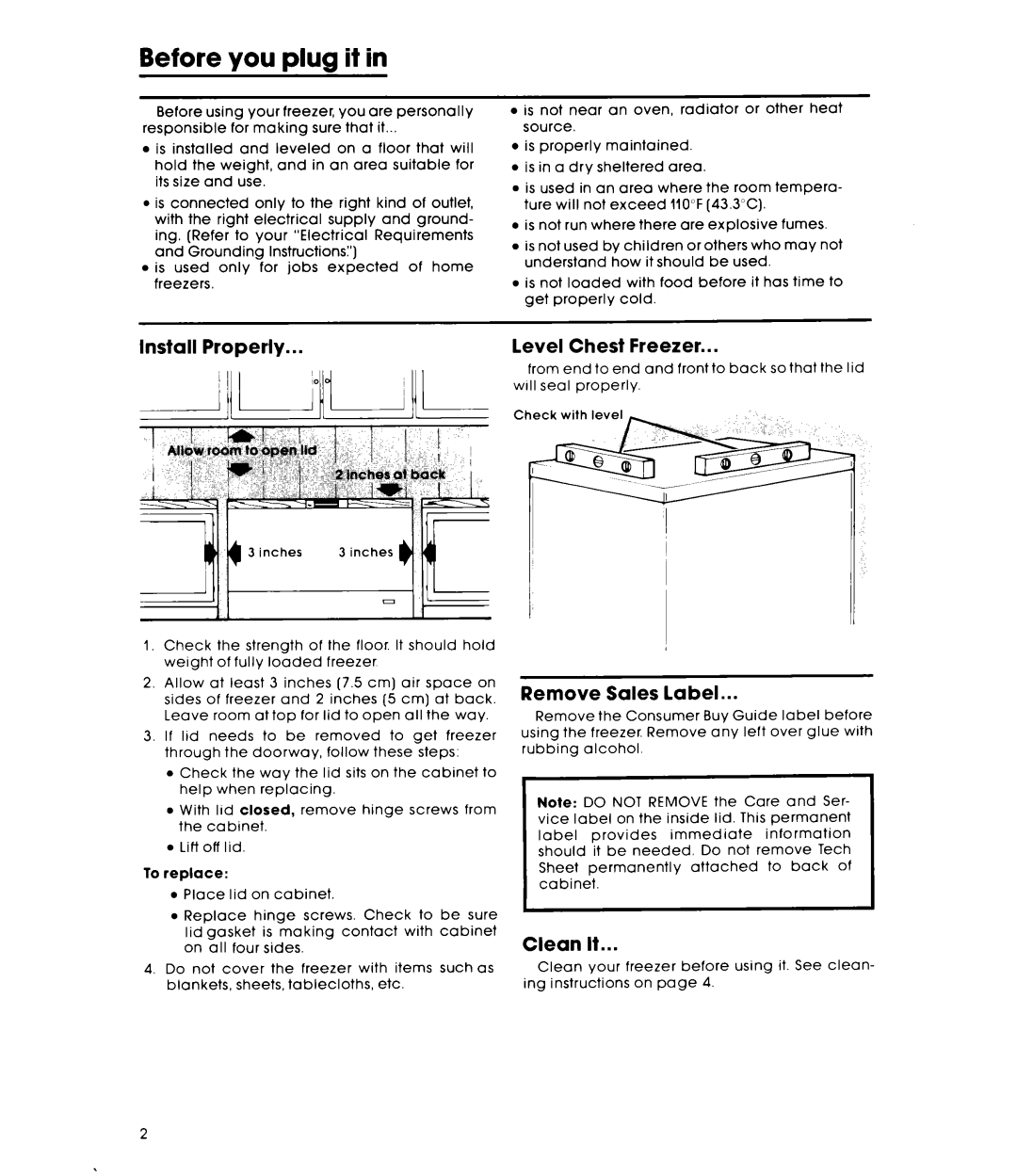 Whirlpool EHO60FXL, EHO90FXL warranty Before you plug it, Level Chest Freezer, Remove Sales label, Clean It 