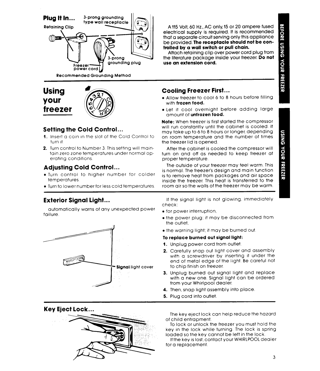 Whirlpool EHO90FXL, EHO60FXL warranty Using # Your b Freezer \z 0 9 Q$, Setting the Cold Control, Adjusting Cold Control 