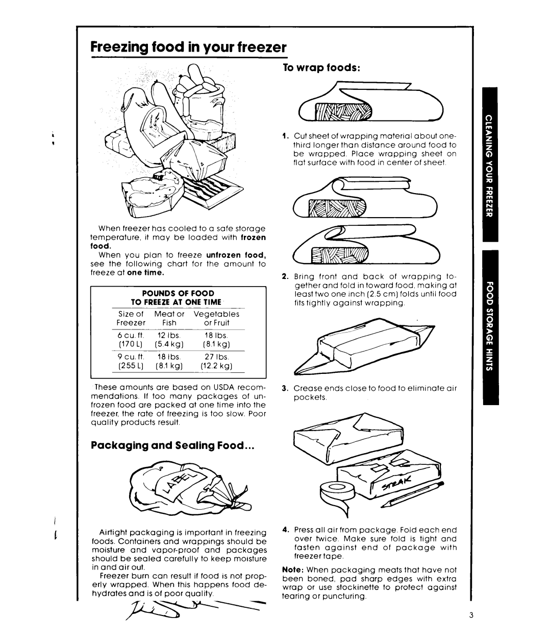 Whirlpool EHO90FXL, EHO60FXL warranty Freezing food in your freezer, To wrap foods, Packaging and Sealing Food 